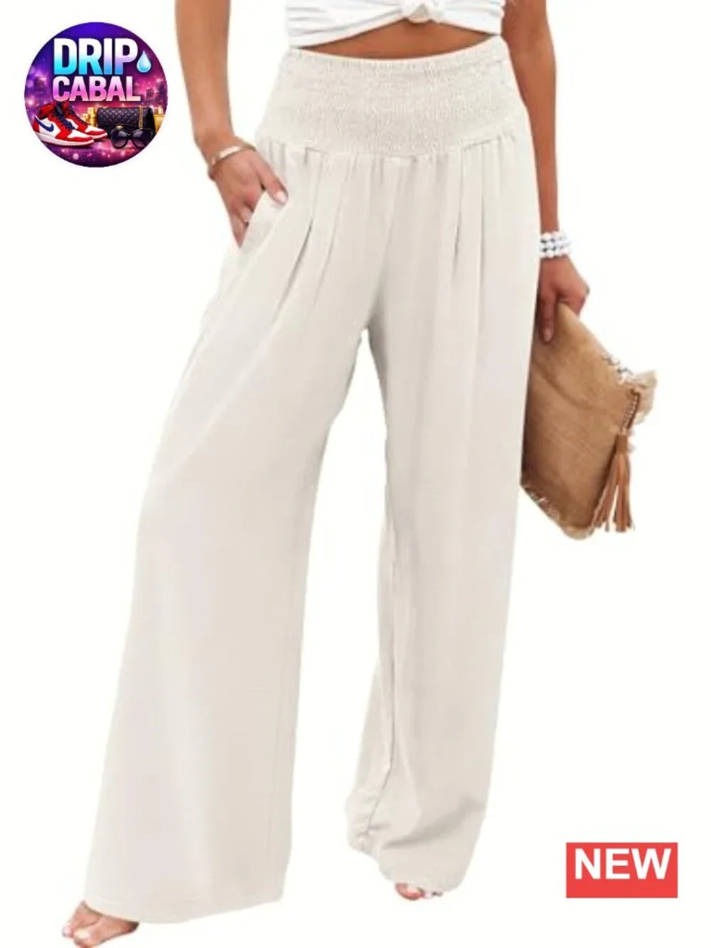 Women Wide Leg Palazzo Pants with Pockets Smocked High Waist Loose Fit Casual